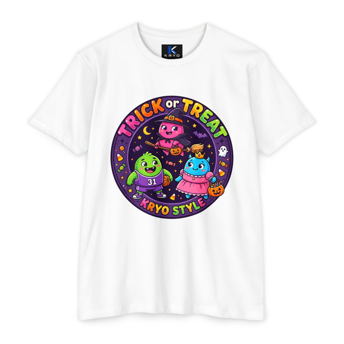 Trick or Treat Cute KRYO Monsters T-Shirt — "Happy Halloween" Back Print