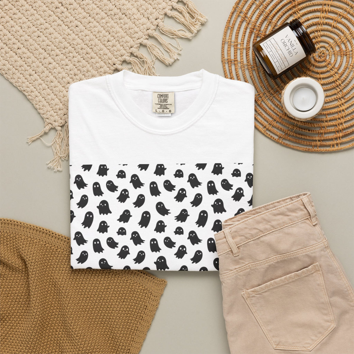 Kryo Minimalist Black Ghost Pattern T-Shirt — Cute Repeating Kitty Graphic Tee