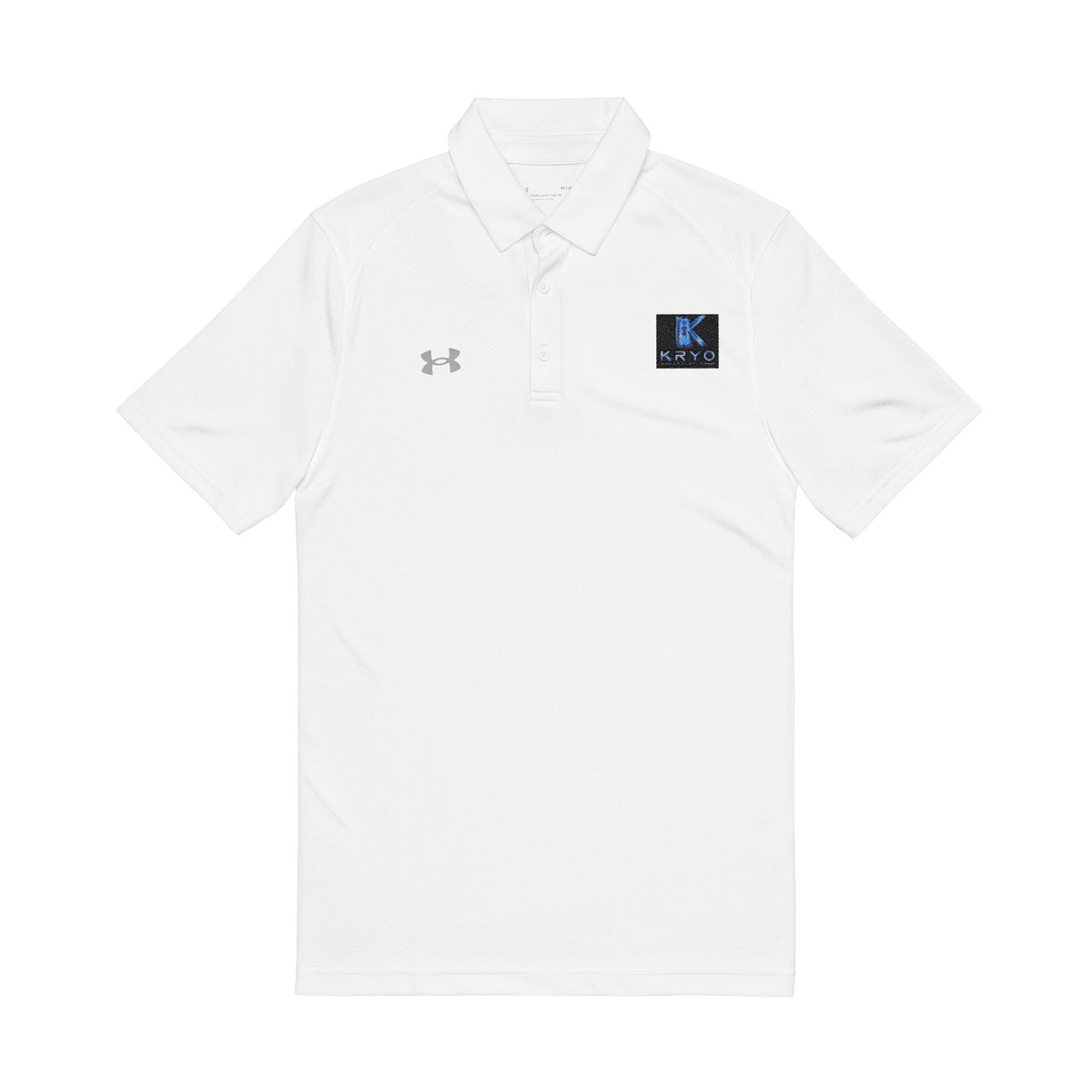 Kryo Men's Embroidered Polo — White Under Armour Golf Shirt with Blue Logo