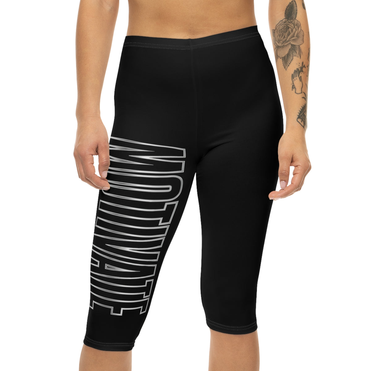 Kryo Workout Gear Motivate Capri Leggings – Women's Black Athletic Crop with Bold 'MOTIVATE' Side Print