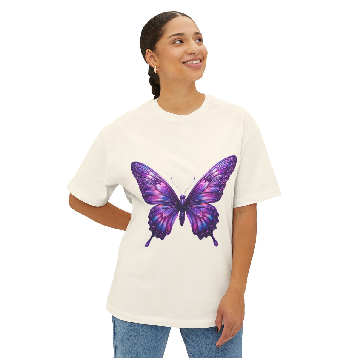 Purple Watercolor Butterfly Tee — Women's Casual Oversized Graphic Shirt