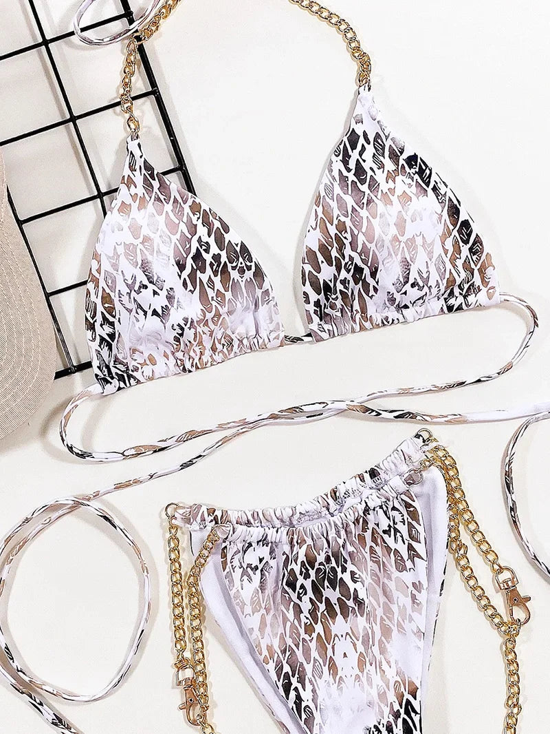 Snake Skin Wrap Around Metal Chains Halter Bikini Women Swimwear Female Swimsuit Two-pieces Bikini set Micro Bathing Suit Swim