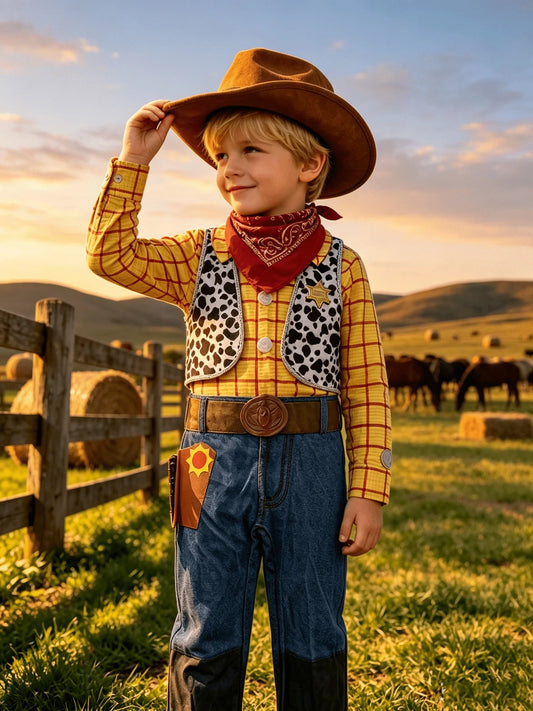 Boys western cowboy one-piece jumpsuit costume set matched with cowboy hat and red printed bandana, great for Halloween dress-up, carnival and themed party activities.