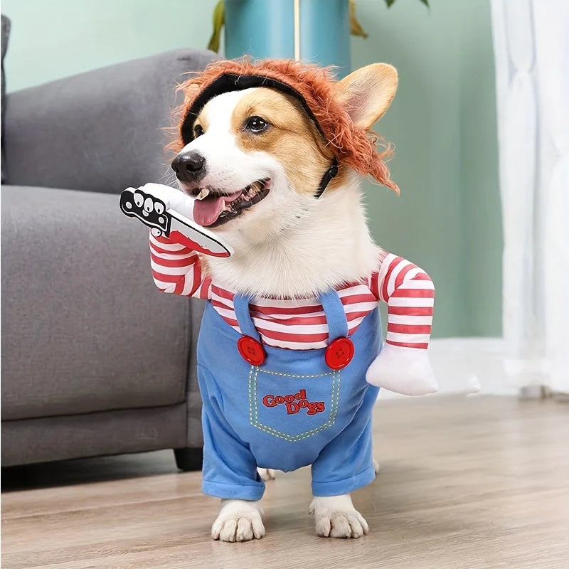Halloween Pet Dog Clothes Transformed Pet Apparel and Wig for Holiday Party Pet Supplies Funny Bloody Doll With Knife Dog Costume