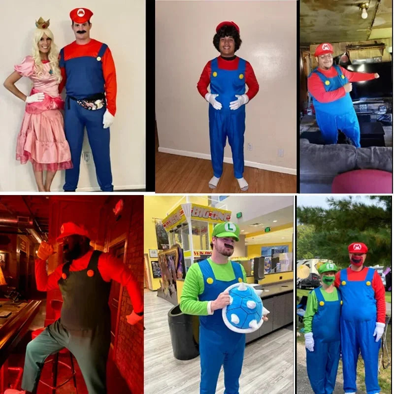 Anime Game Plumber Brothers Costume Funny Performance Costume Halloween Unisex Mens Womens Teen Party with Hat and Mustache