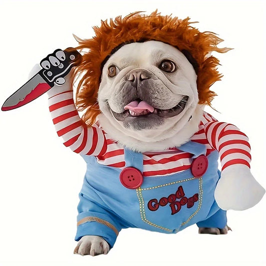 Halloween Pet Dog Clothes Transformed Pet Apparel and Wig for Holiday Party Pet Supplies Funny Bloody Doll With Knife Dog Costume