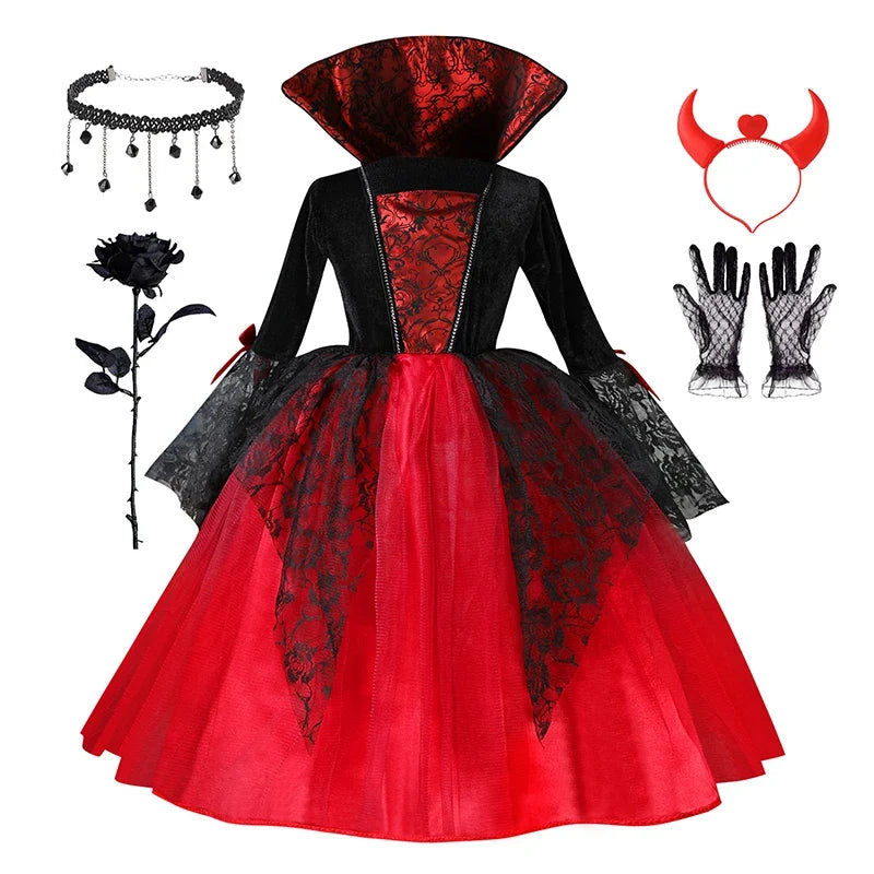 Kids Girls Vampire Devil Cosplay Dress Complete Set with Accessories Halloween Theme Party Costume Holiday Gift for Girls