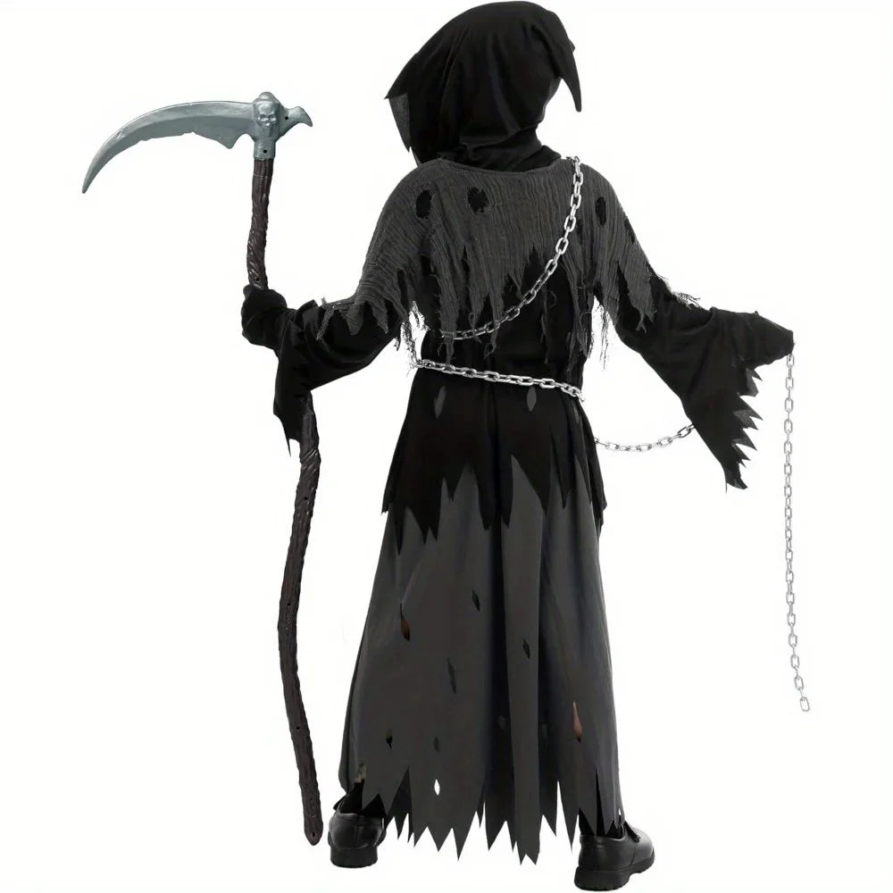 Halloween Costume Glowing Eyes Grim Reaper Costume for Kids 5-12 years Boys Halloween Dress-up Party
