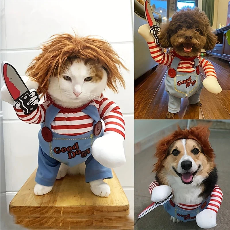 Halloween Pet Dog Clothes Transformed Pet Apparel and Wig for Holiday Party Pet Supplies Funny Bloody Doll With Knife Dog Costume