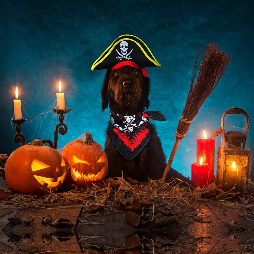Halloween Dogs Bandana Caps with Skull Pet Pirate Hat Cat Hat Halloween Pirate Cosplay Costume Dog Dress Up Costume Accessories