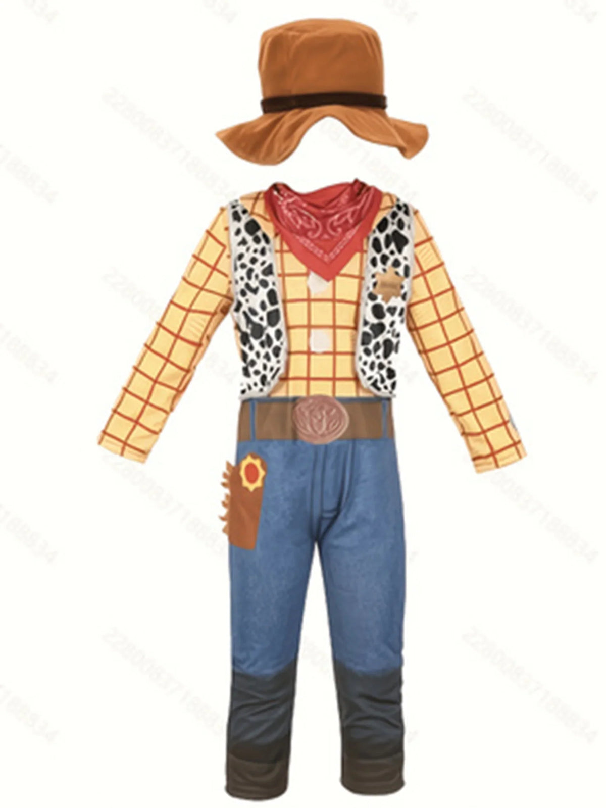 Boys western cowboy one-piece jumpsuit costume set matched with cowboy hat and red printed bandana, great for Halloween dress-up, carnival and themed party activities.