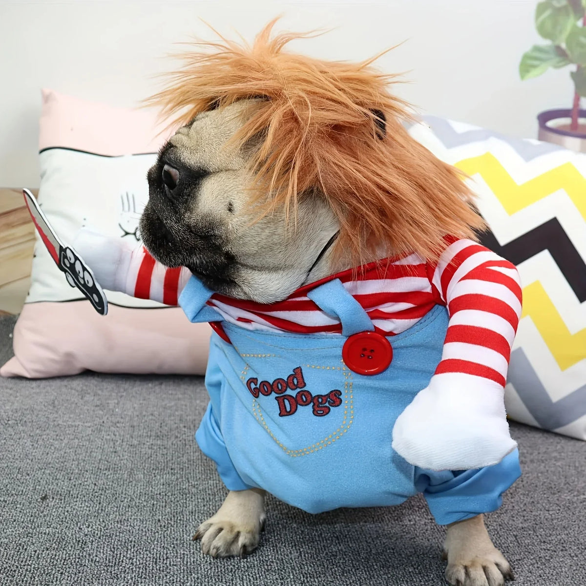 Halloween Pet Dog Clothes Transformed Pet Apparel and Wig for Holiday Party Pet Supplies Funny Bloody Doll With Knife Dog Costume