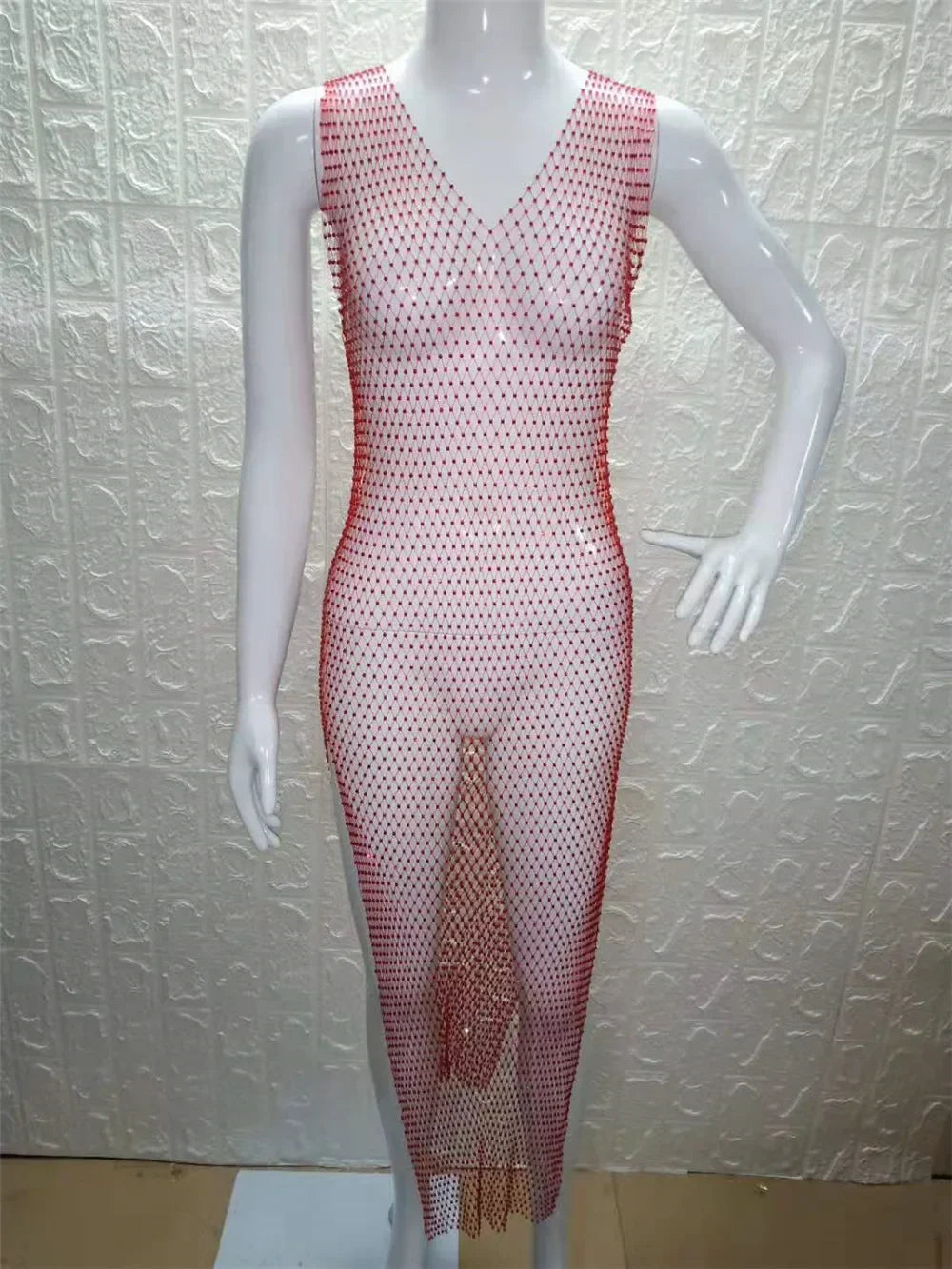 2026 New Fishnet Long Dress V-neck Mesh Sparkling Rhinestone Crystal Swimsuit Bikini Cover Up Beach Bathing Suit Women Cover Ups