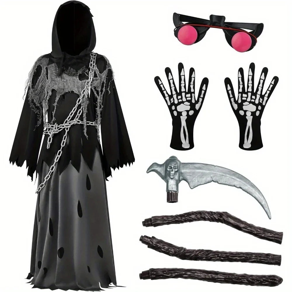 Halloween Costume Glowing Eyes Grim Reaper Costume for Kids 5-12 years Boys Halloween Dress-up Party