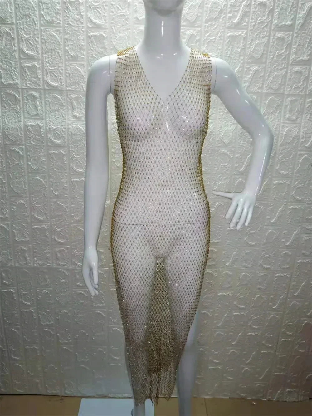 2026 New Fishnet Long Dress V-neck Mesh Sparkling Rhinestone Crystal Swimsuit Bikini Cover Up Beach Bathing Suit Women Cover Ups