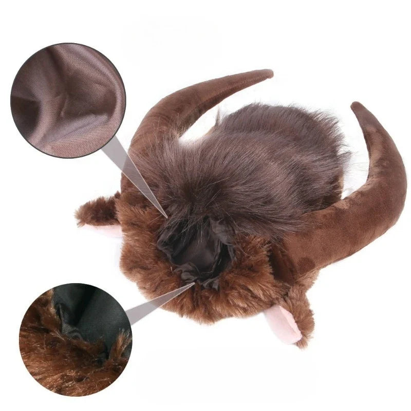 Pet Buffalo Horn Costume Hat Funny Dog Cat Wig Headwear Cosplay Headpiece for Halloween and Party Pet Hat