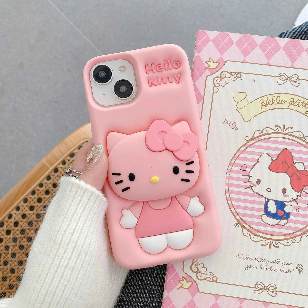 Cute Hello Kitty Phone Case For iPhone 17 16 15 14 13 12 11 Pro Max Plus 17Pro Head Grip Tok Holder Silicone Cartoon Phone Cases
