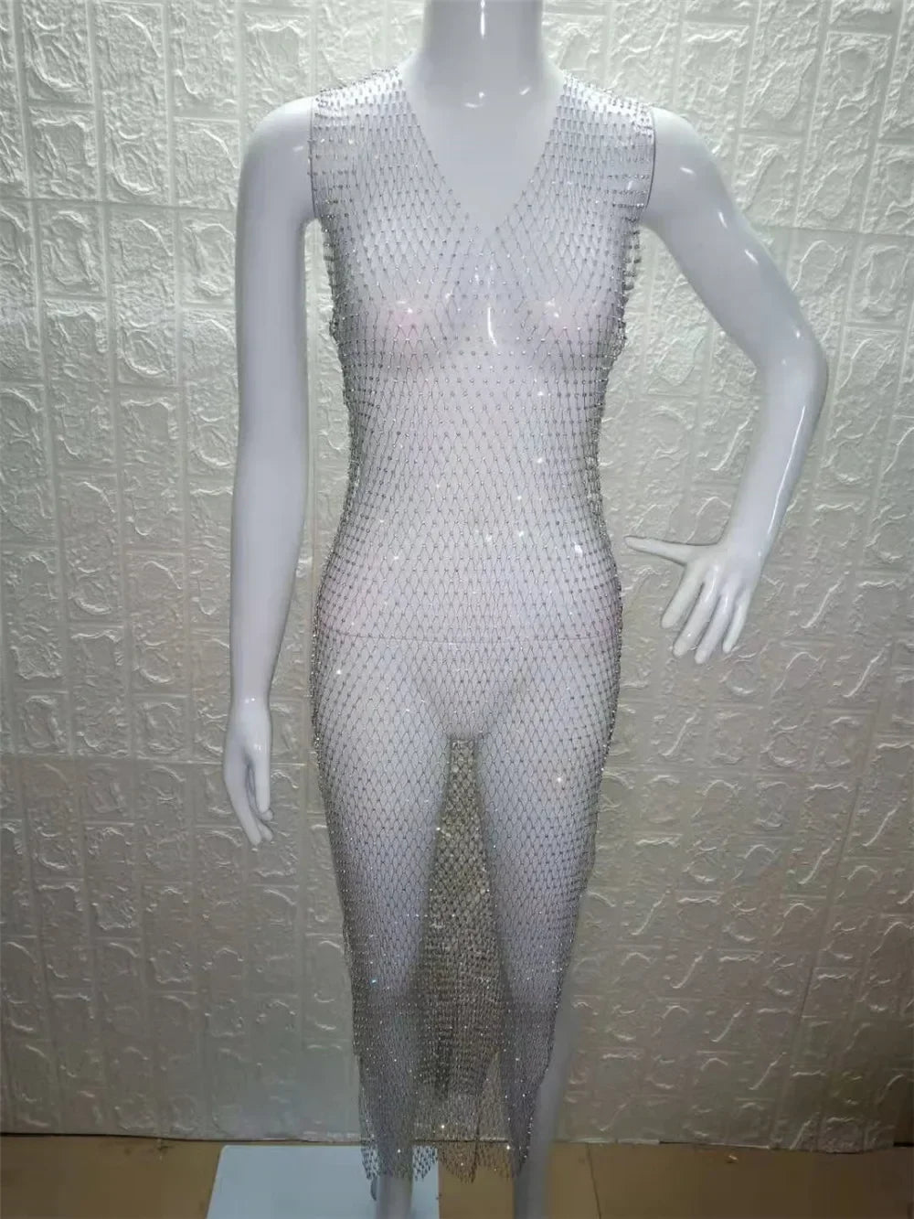2026 New Fishnet Long Dress V-neck Mesh Sparkling Rhinestone Crystal Swimsuit Bikini Cover Up Beach Bathing Suit Women Cover Ups