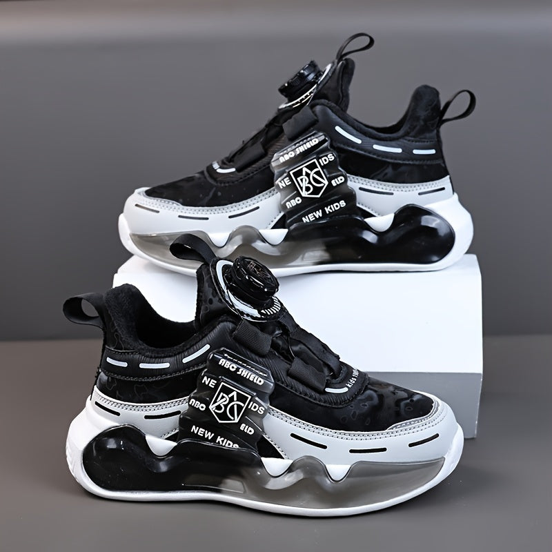 Boys' High-Top Basketball Sneakers for Kids — Rotating Buckle, Cushioned Shock-Absorbing, Non-Slip Outdoor Shoes