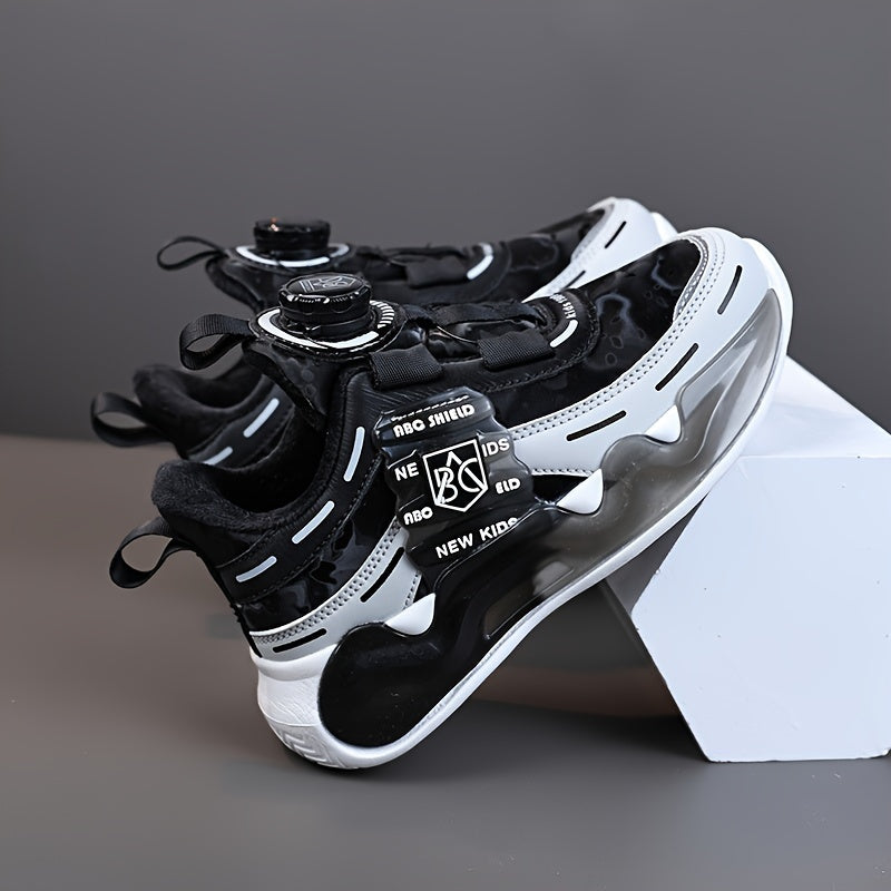 Boys' High-Top Basketball Sneakers for Kids — Rotating Buckle, Cushioned Shock-Absorbing, Non-Slip Outdoor Shoes