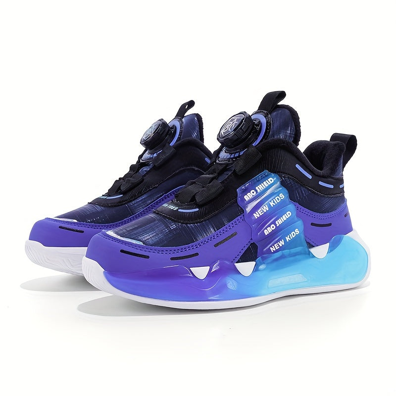Boys' High-Top Basketball Sneakers for Kids — Rotating Buckle, Cushioned Shock-Absorbing, Non-Slip Outdoor Shoes