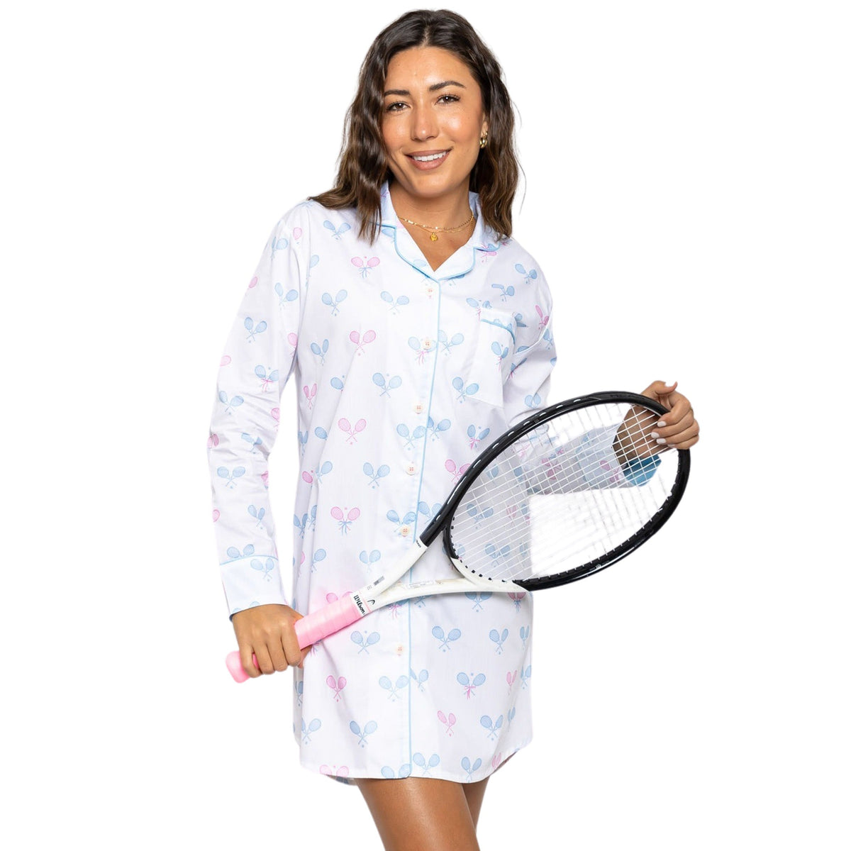 Women's Tennis Bows Night Shirt - Blue Pink Organic Cotton Poplin