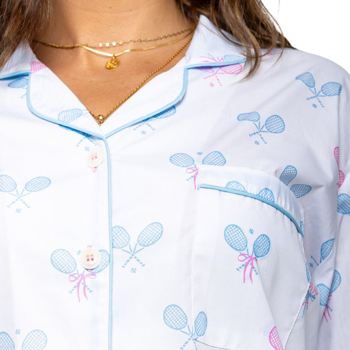 Women's Tennis Bows Night Shirt - Blue Pink Organic Cotton Poplin