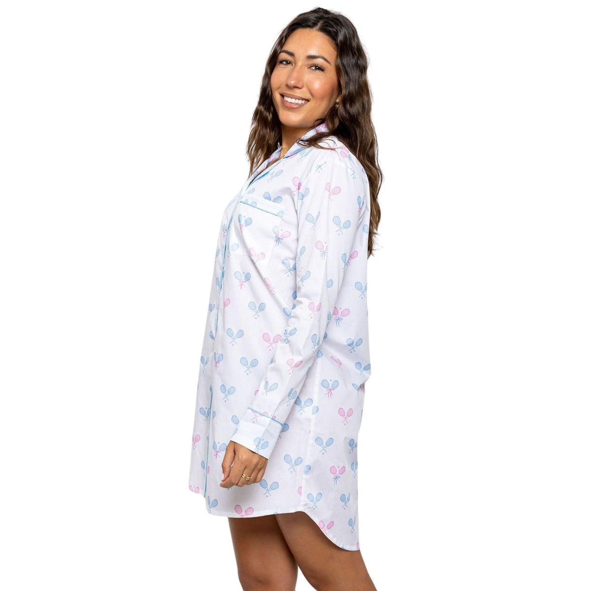 Women's Tennis Bows Night Shirt - Blue Pink Organic Cotton Poplin